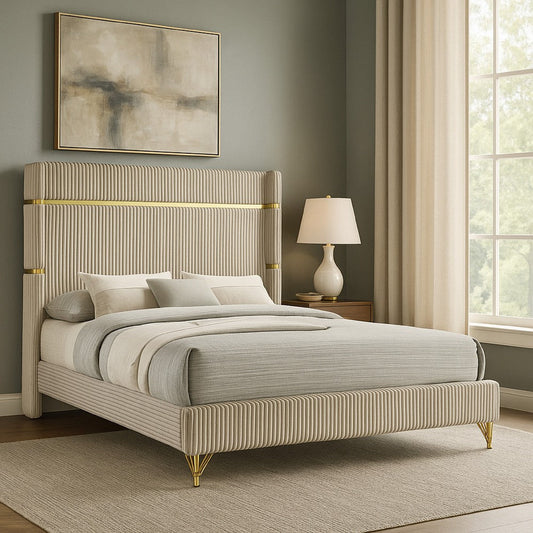 Jenny King Size Bed, Fluted Wingback Headboard, Beige Upholstery Gold Trim By Casagear Home