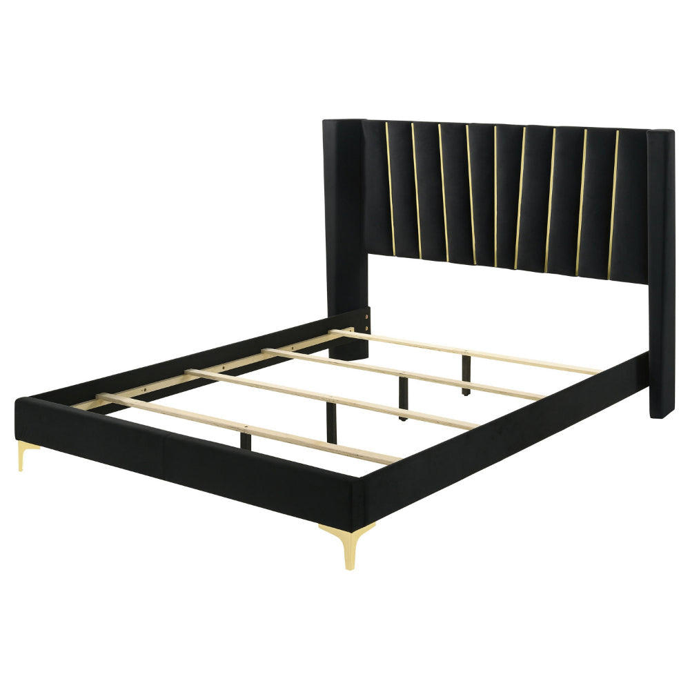 Dle Queen Size Bed Wingback Headboard Gold Bracket Feet Black Upholstery By Casagear Home BM318854