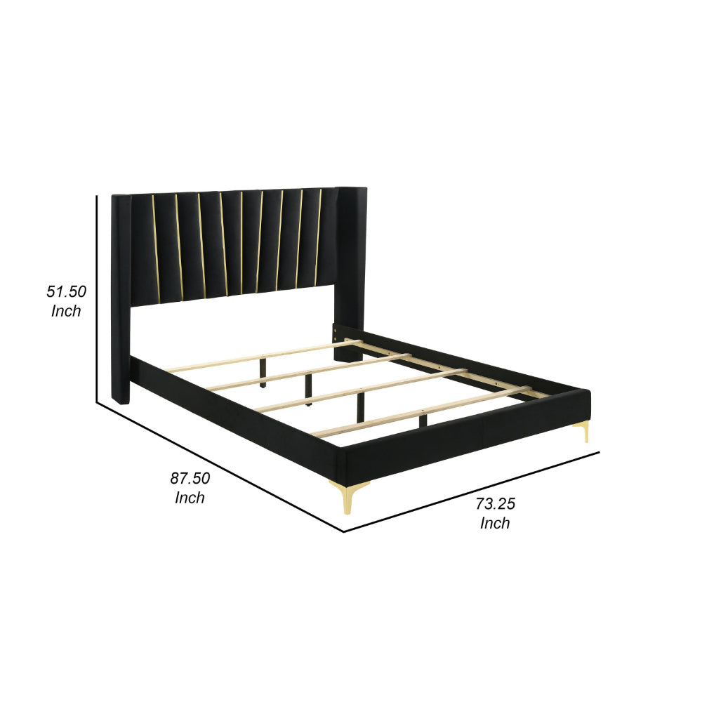 Dle Queen Size Bed Wingback Headboard Gold Bracket Feet Black Upholstery By Casagear Home BM318854