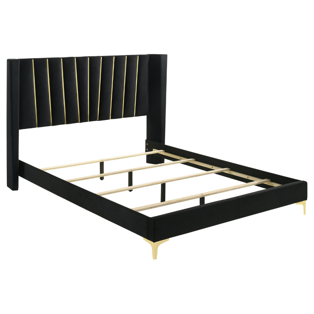 Dle Queen Size Bed, Wingback Headboard, Gold Bracket Feet, Black Upholstery By Casagear Home