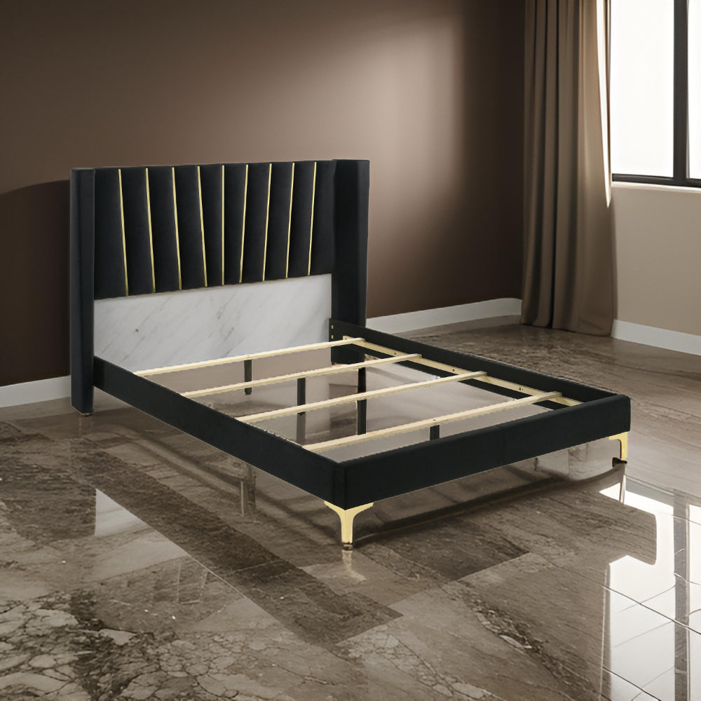 Dle King Size Bed Wingback Headboard Gold Bracket Feet Black Upholstery By Casagear Home BM318855