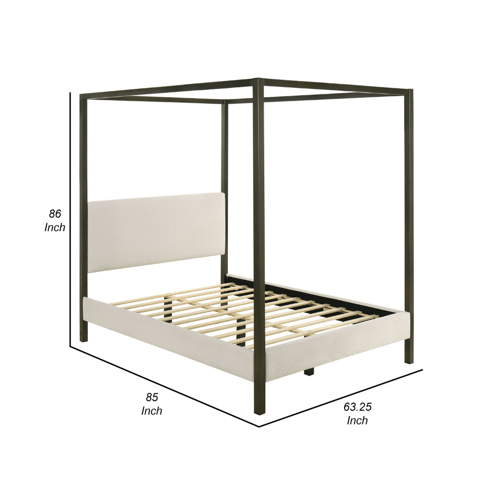 Rey Queen Size Canopy Bed Padded Headboard 4 Post Frame Ivory Upholstery By Casagear Home BM318859