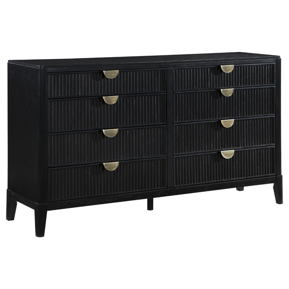 Jack Dresser, 8 Drawers, Gold Tone Metal Handles, Wire Brushed Black Wood By Casagear Home