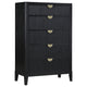 Jack Tall Dresser Chest, 5 Drawers, Gold Tone Metal Handles, Black Wood By Casagear Home
