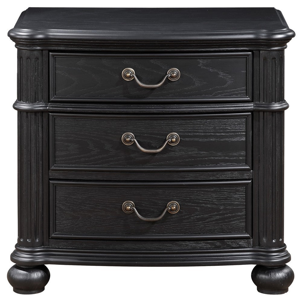 Selena Nightstand 3 Drawers Metal Handles in Antique Copper Tone Black By Casagear Home BM318867