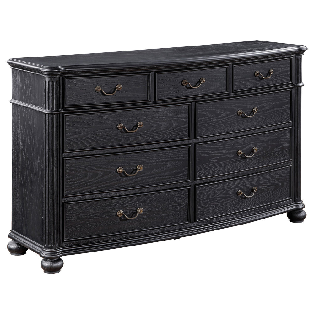 Selena Dresser, 9 Drawers, Metal Handles in Antique Copper Tone, Black Wood By Casagear Home