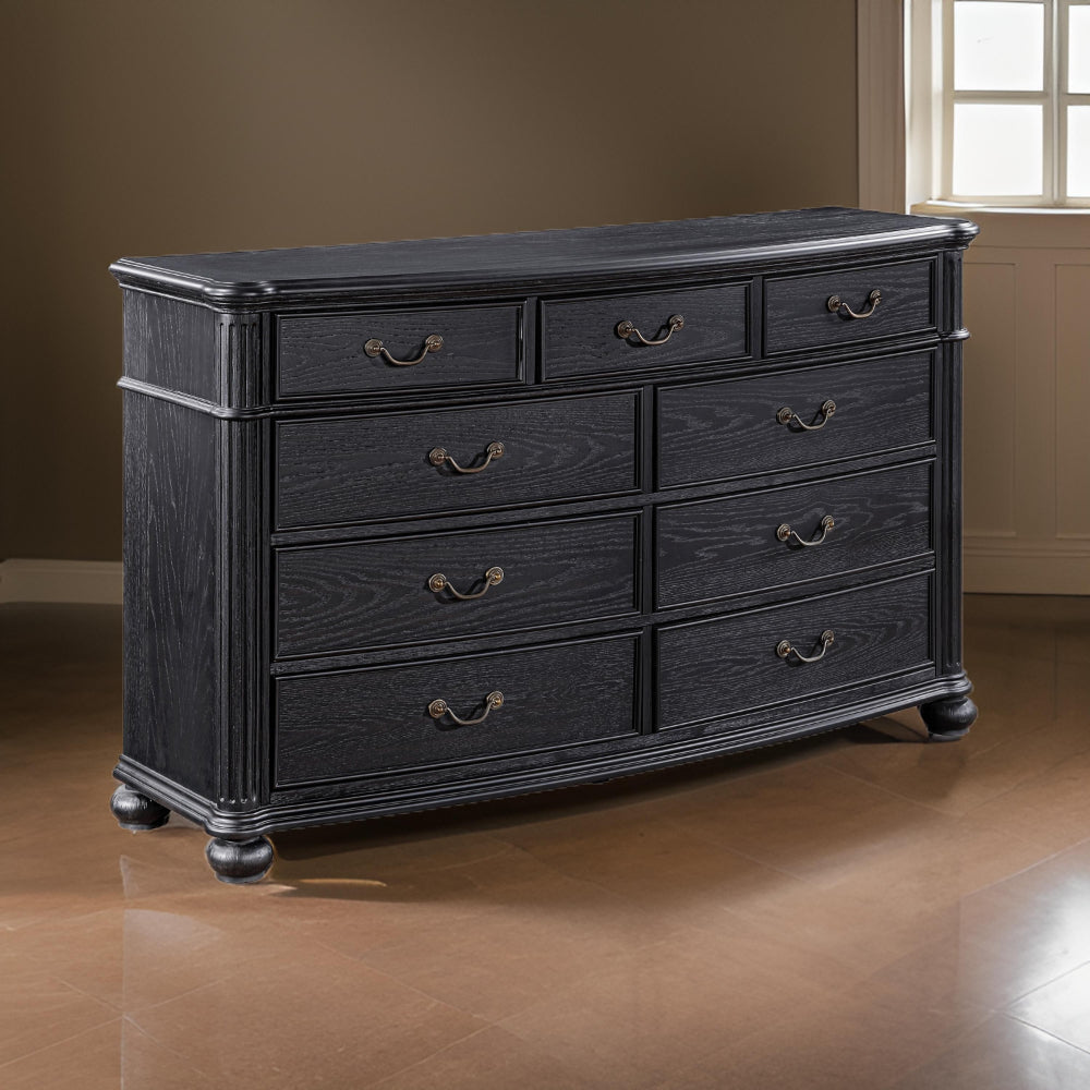 Selena Dresser 9 Drawers Metal Handles in Antique Copper Tone Black Wood By Casagear Home BM318868