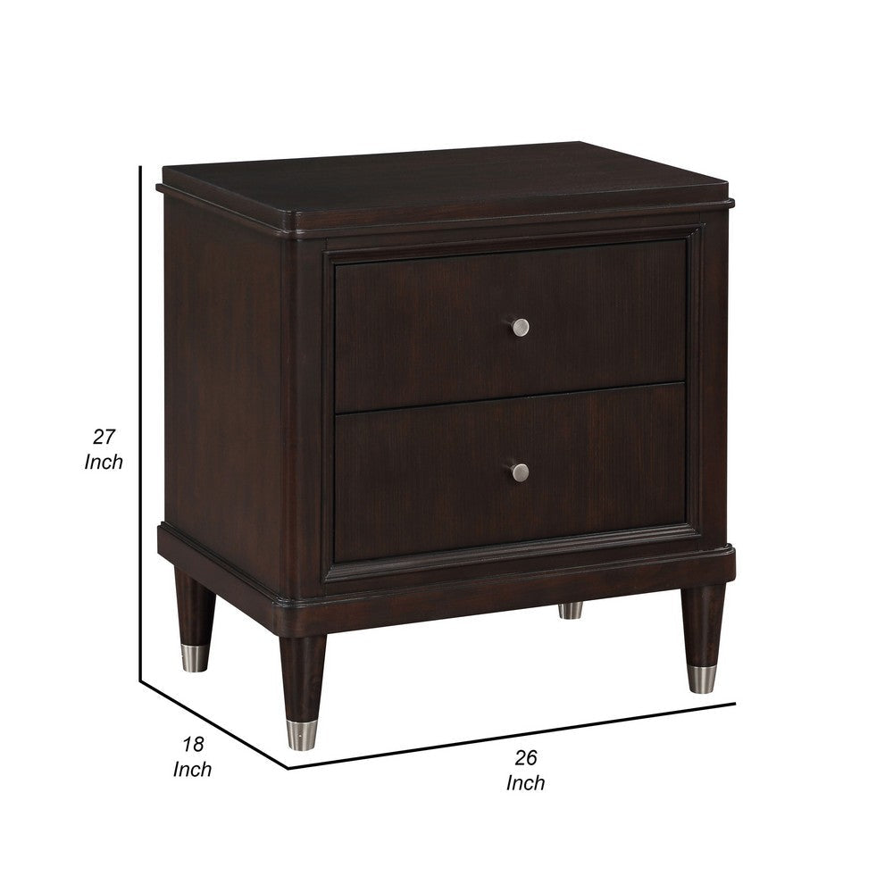 Amber Nightstand 2 Drawers Round Metal Knobs Tapered Legs Brown Wood By Casagear Home BM318870