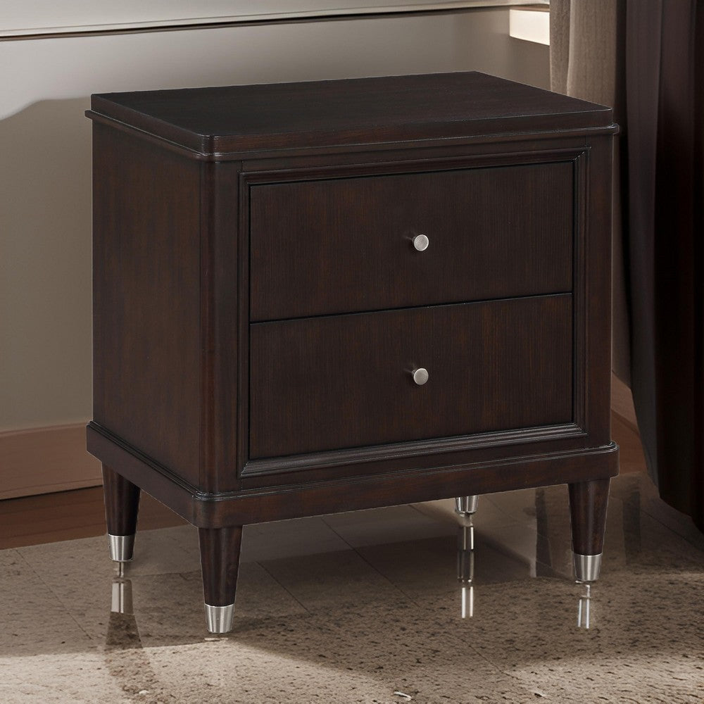 Amber Nightstand 2 Drawers Round Metal Knobs Tapered Legs Brown Wood By Casagear Home BM318870