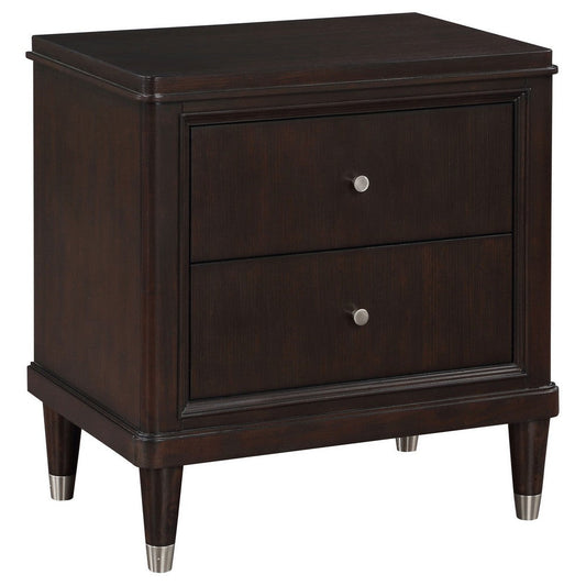 Amber Nightstand, 2 Drawers, Round Metal Knobs, Tapered Legs, Brown Wood By Casagear Home