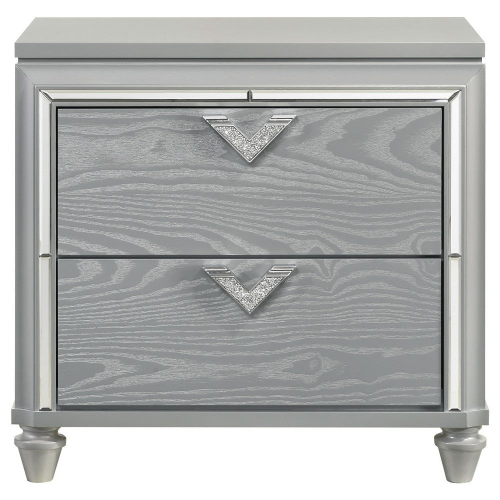 Haley Nightstand 2 Drawers V Shape Glittering Handles Light Silver Wood By Casagear Home BM318873