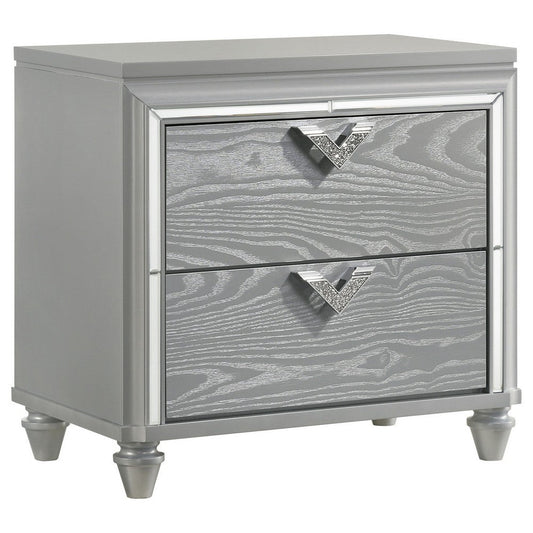 Haley Nightstand, 2 Drawers, V Shape Glittering Handles, Light Silver Wood By Casagear Home