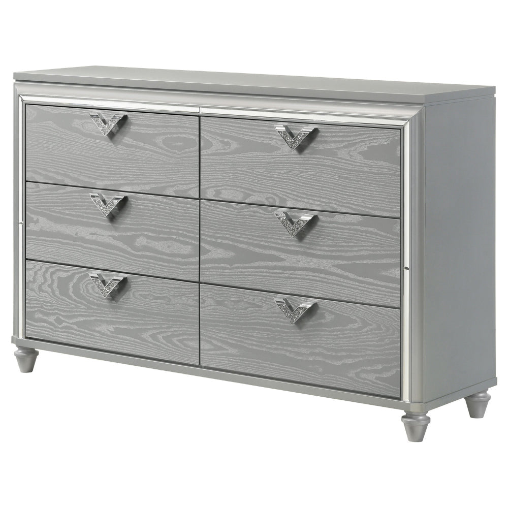 Haley Dresser 6 Drawers V Shape Glittering Handles Light Silver Wood By Casagear Home BM318874