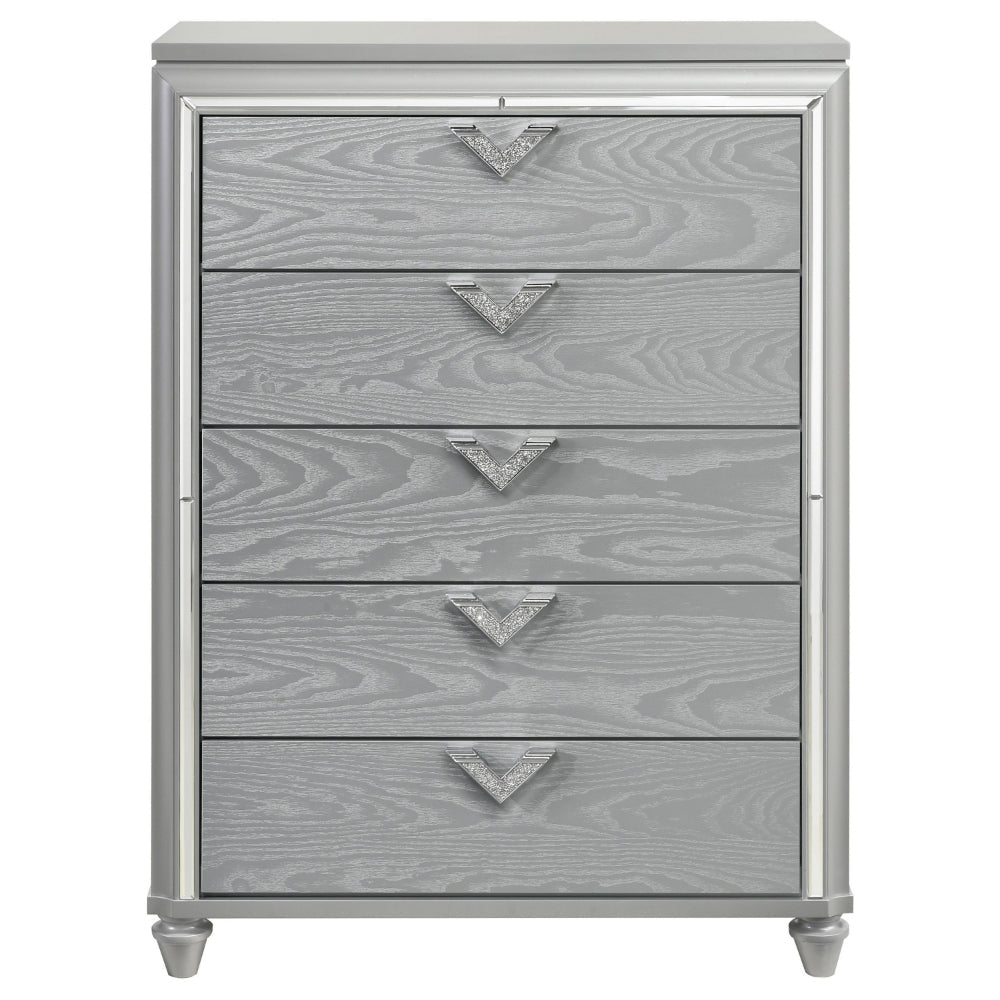 Haley Tall Dresser Chest V Shaped Glittering Metal Handles Light Silver By Casagear Home BM318875