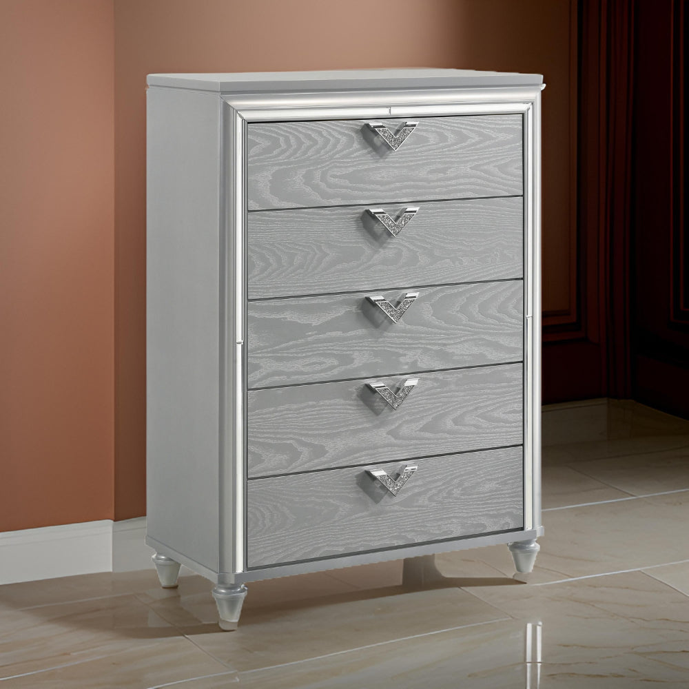 Haley Tall Dresser Chest V Shaped Glittering Metal Handles Light Silver By Casagear Home BM318875