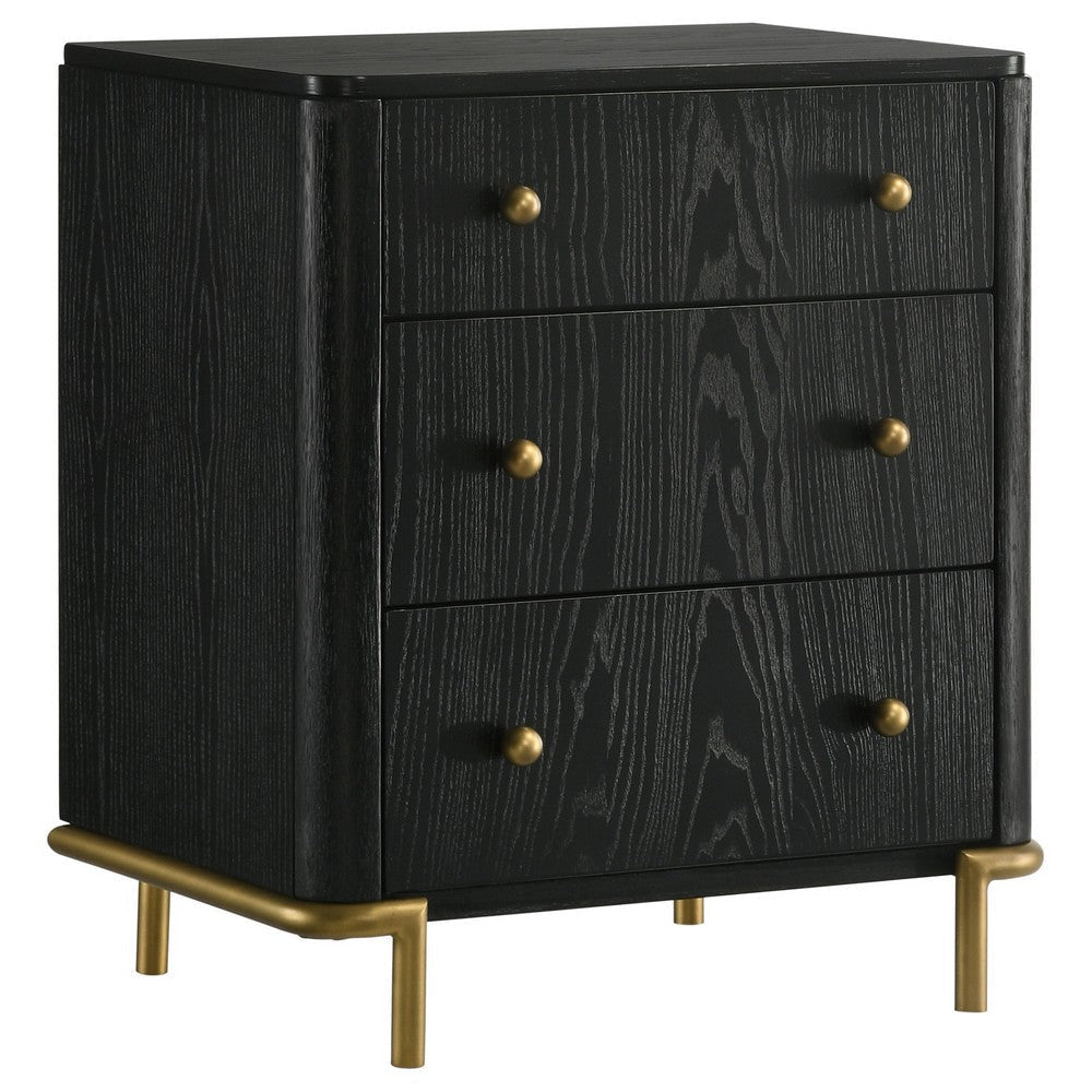 Fij Nightstand, 3 Drawers, USB Port, Golden Metal Legs, Knobs, Black Wood By Casagear Home