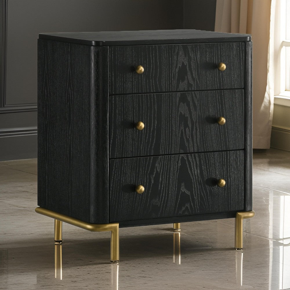 Fij Nightstand 3 Drawers USB Port Golden Metal Legs Knobs Black Wood By Casagear Home BM318876