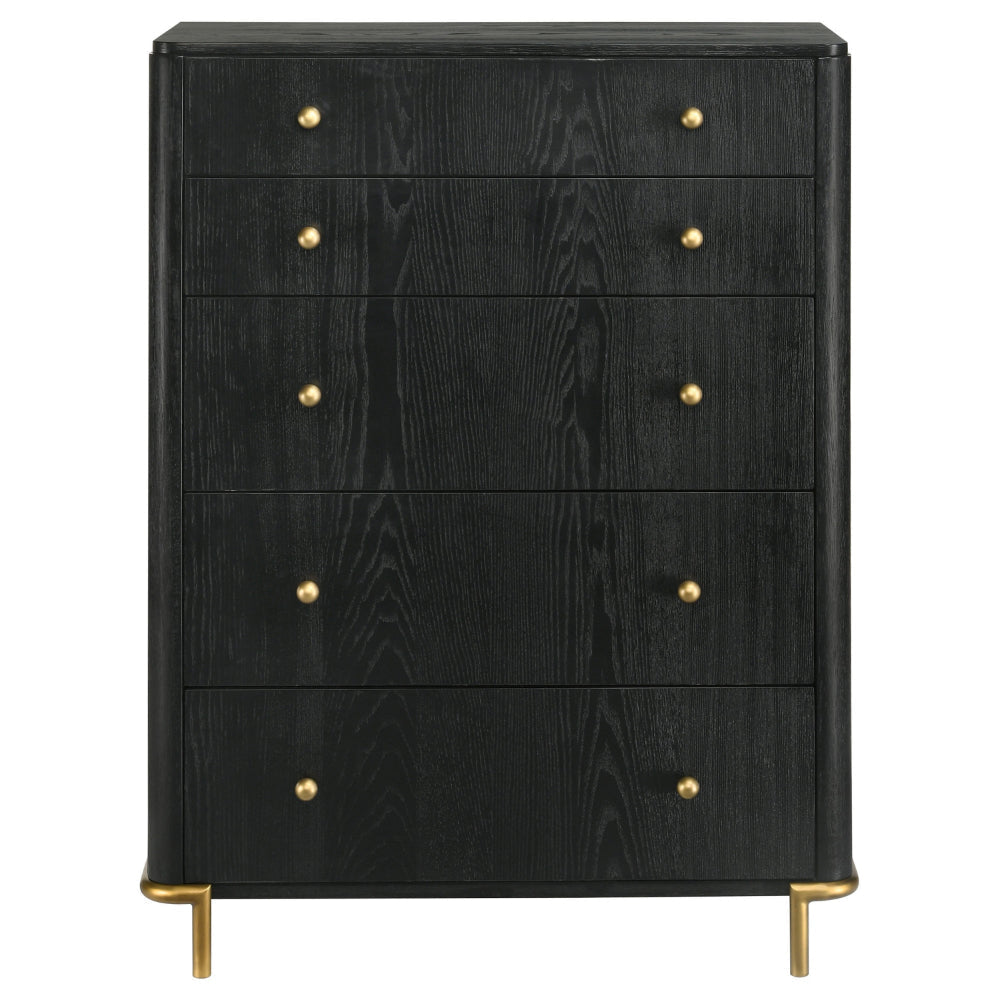 Fij Tall Dresser Chest 5 Drawers Golden Metal Stand Base Knobs Black By Casagear Home BM318878