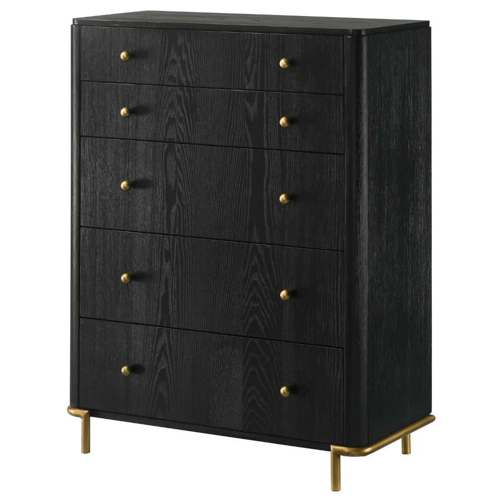 Fij Tall Dresser Chest 5 Drawers Golden Metal Stand Base Knobs Black By Casagear Home BM318878