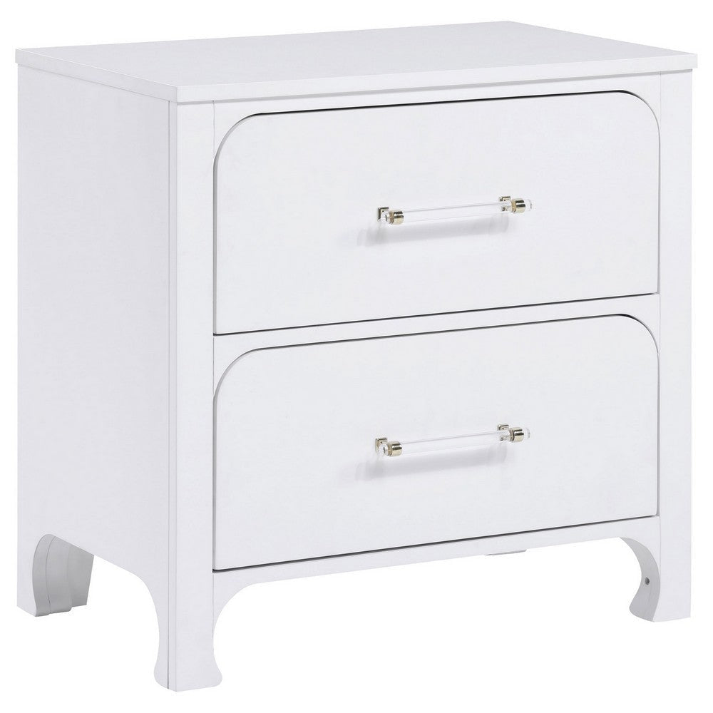 Asiy Nightstand, 2 Drawers, Clear Bar Handles, Silver and Pearl White Wood By Casagear Home