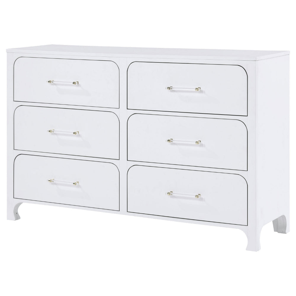 Asiy Dresser 6 Drawers Clear Bar Handles Silver and Pearl White Wood By Casagear Home BM318882