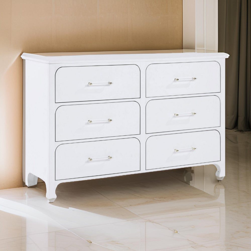 Asiy Dresser 6 Drawers Clear Bar Handles Silver and Pearl White Wood By Casagear Home BM318882