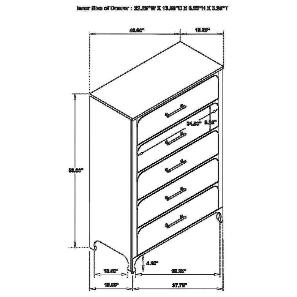 Asiy Tall Dresser Chest 5 Drawers Clear Bar Handles Silver Pearl White By Casagear Home BM318883