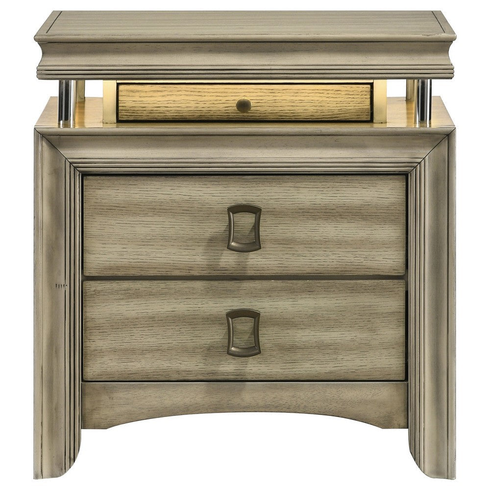 Sele Nightstand 3 Drawers LED Lighting Touch Switch Rustic Beige Wood By Casagear Home BM318884