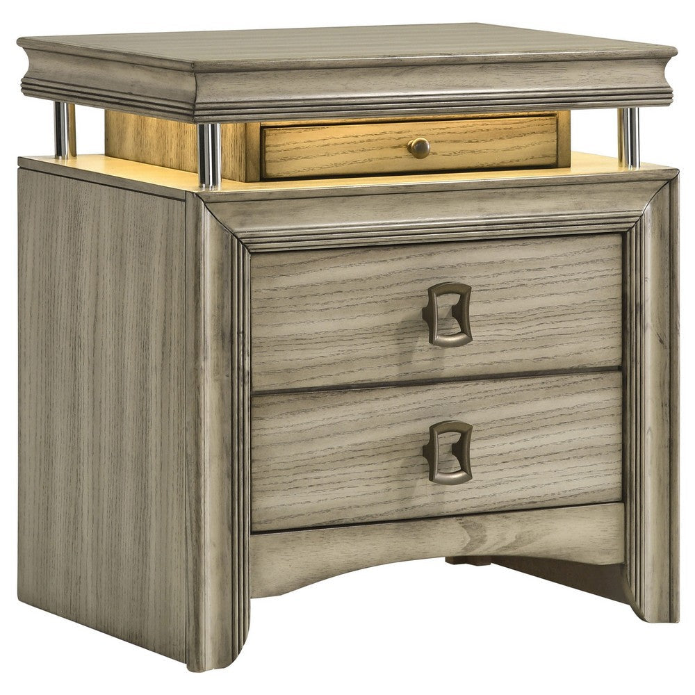 Sele Nightstand, 3 Drawers, LED Lighting, Touch Switch, Rustic Beige Wood By Casagear Home