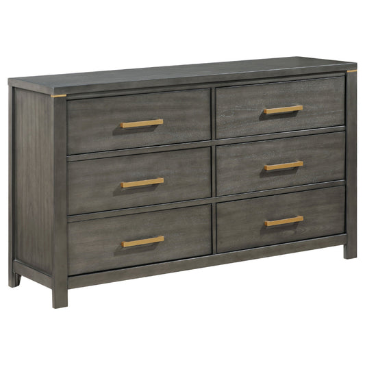 Ren Dresser, 6 Drawers, Brass Tone Accents, Bar Handles, Dark Gray Wood By Casagear Home