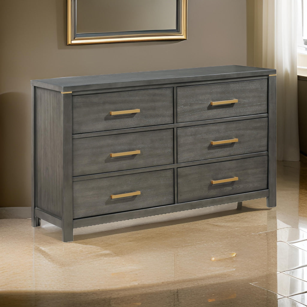 Ren Dresser 6 Drawers Brass Tone Accents Bar Handles Dark Gray Wood By Casagear Home BM318888