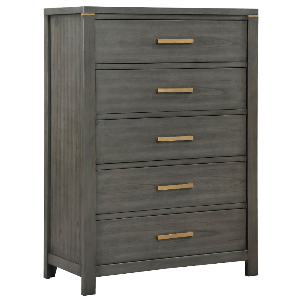 Ren Tall Dresser Chest, 5 Drawers, Brass Tone Accents, Bar Handles, Gray By Casagear Home