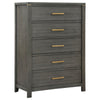 Ren Tall Dresser Chest, 5 Drawers, Brass Tone Accents, Bar Handles, Gray By Casagear Home