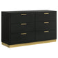 Caer Dresser, 6 Drawers, Gold Accent Recessed Base, Bar Handles, Black By Casagear Home