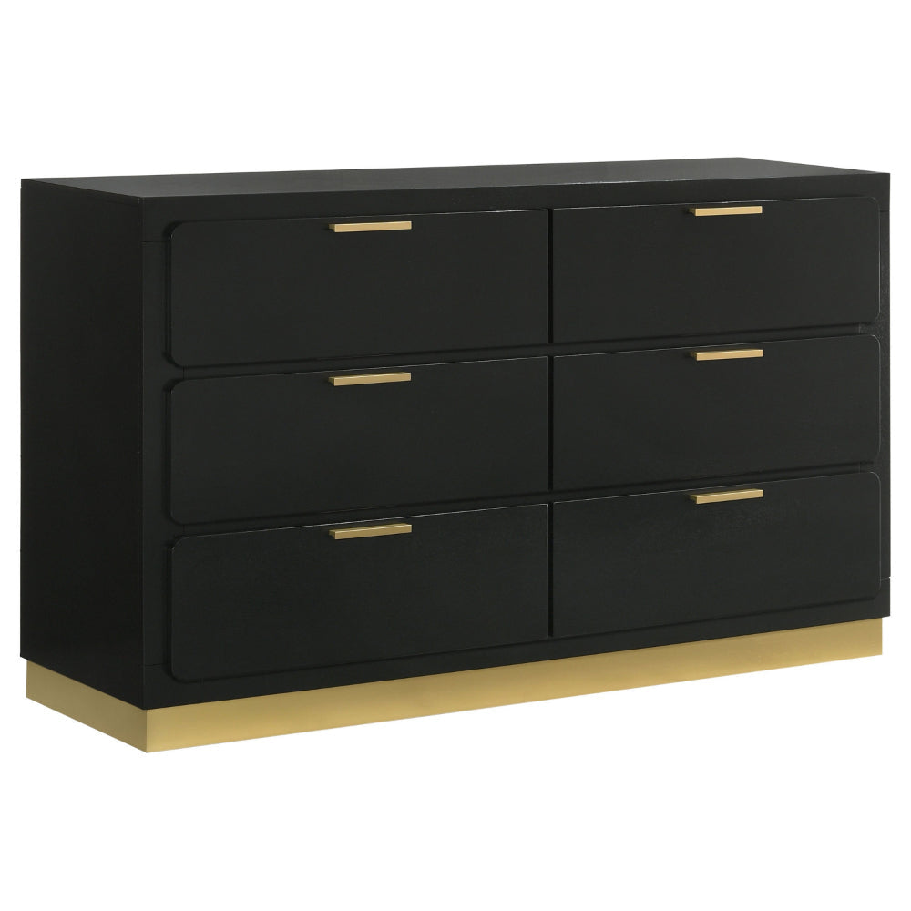 Caer Dresser, 6 Drawers, Gold Accent Recessed Base, Bar Handles, Black By Casagear Home