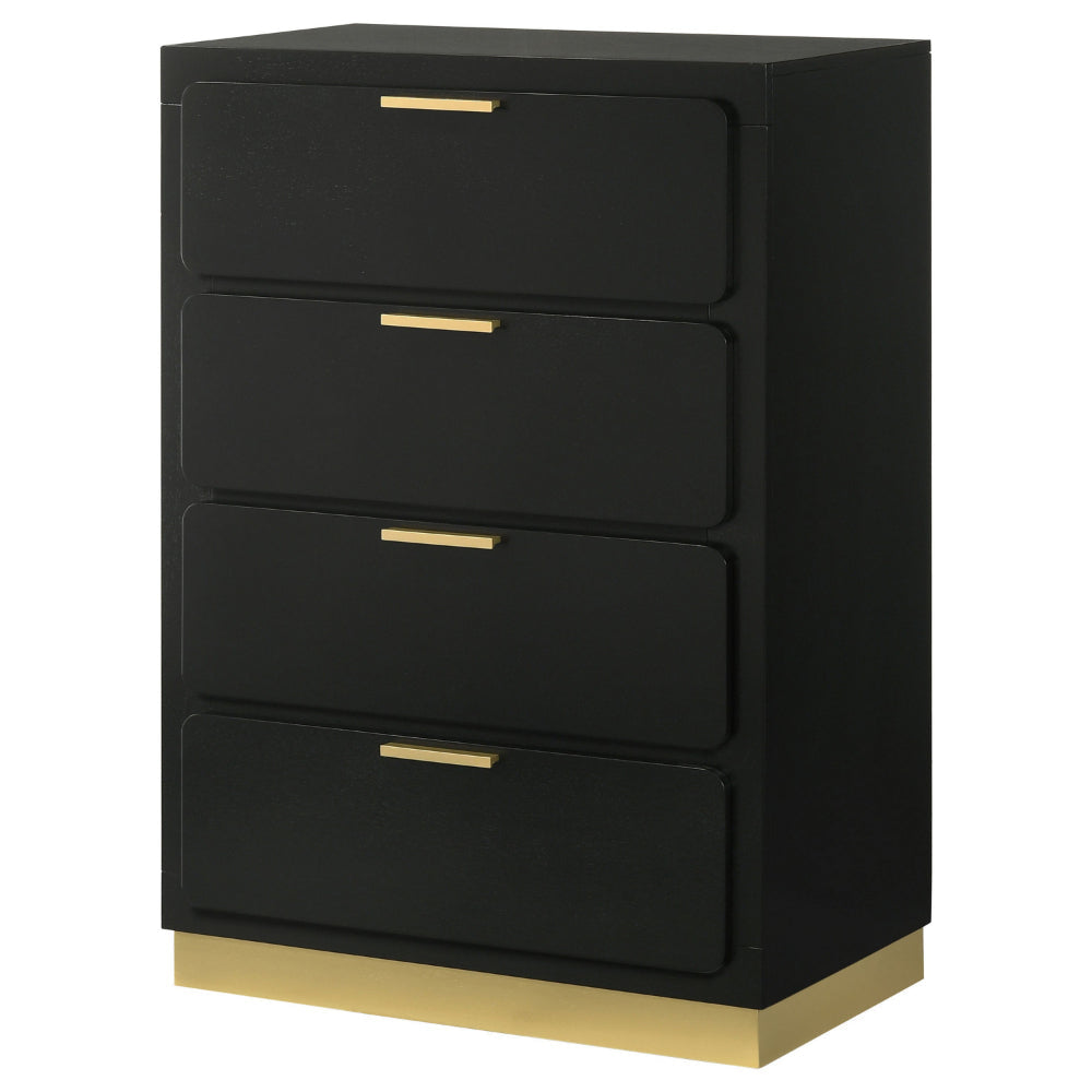 Caer Tall Dresser Chest, 4 Drawers, Recessed Base, Bar Handles, Black, Gold