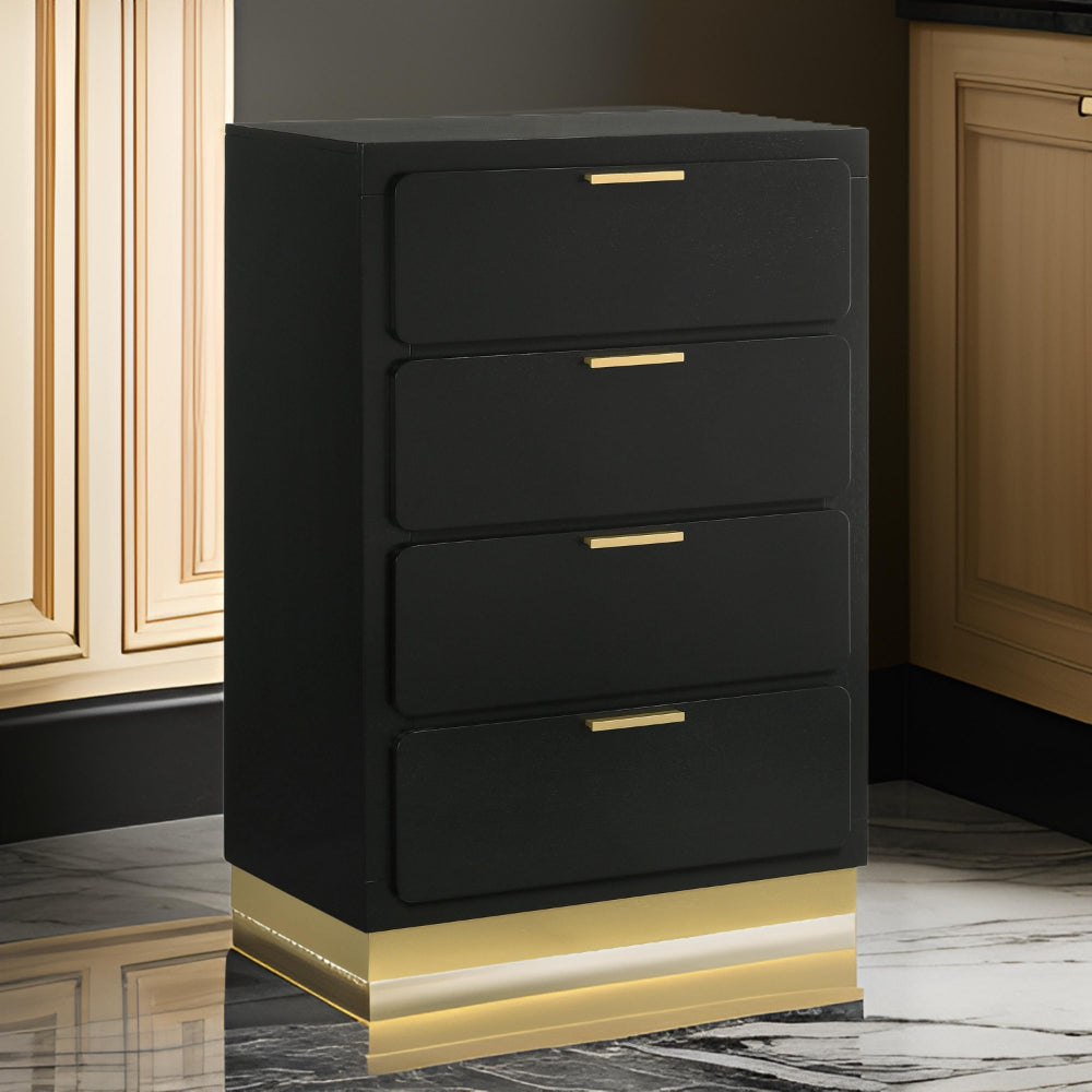 Caer Tall Dresser Chest 4 Drawers Recessed Base Bar Handles Black Gold By Casagear Home BM318892