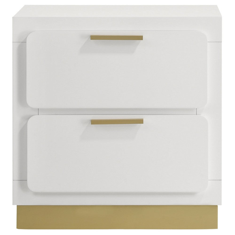 Caer Nightstand 2 Drawers Gold Accent Recessed Base Bar Handles White By Casagear Home BM318893