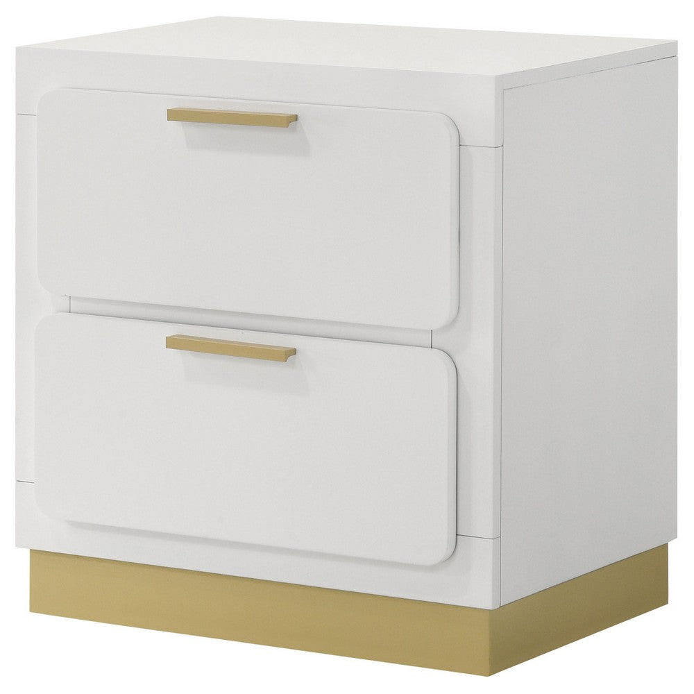 Caer Nightstand 2 Drawers Gold Accent Recessed Base Bar Handles White By Casagear Home BM318893