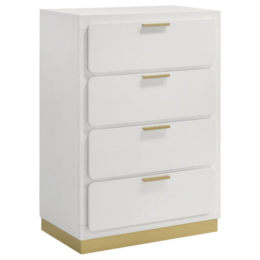 Caer Tall Dresser Chest, 4 Drawers, Recessed Base, Bar Handles, White, Gold By Casagear Home