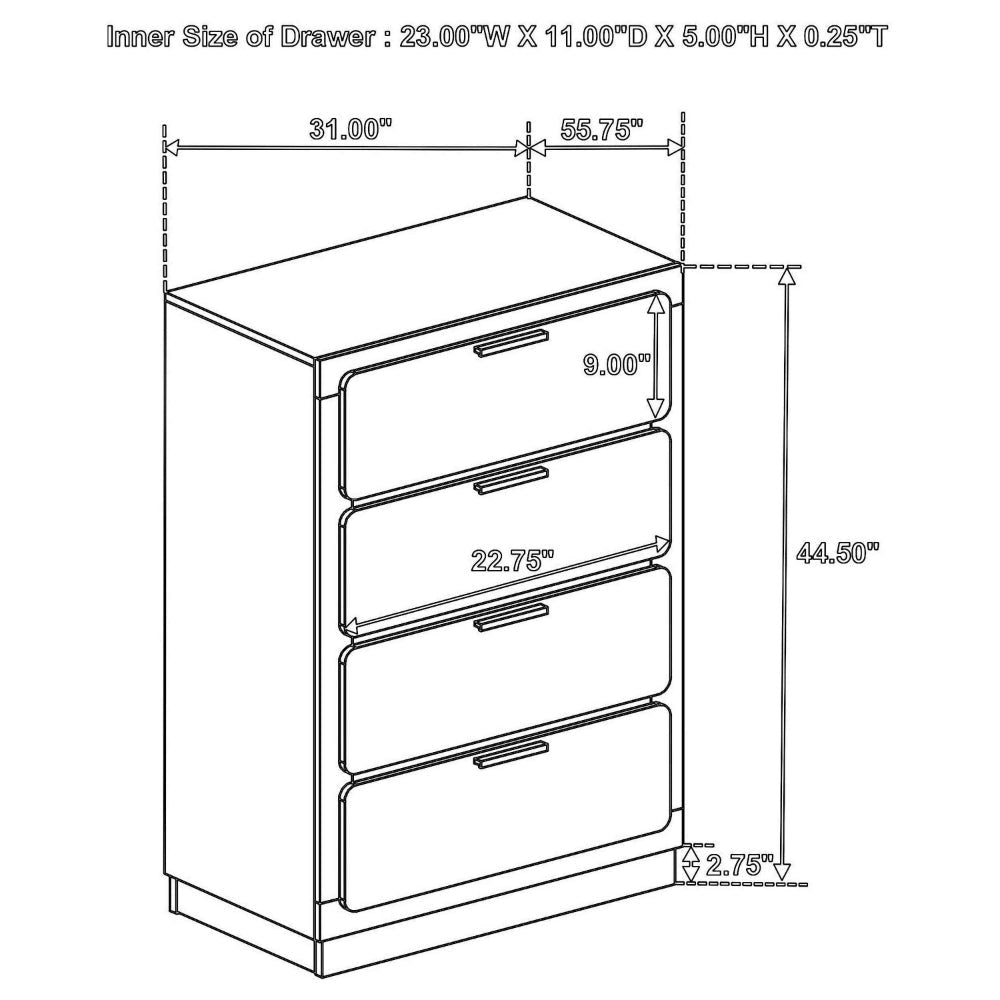 Caer Tall Dresser Chest 4 Drawers Recessed Base Bar Handles White Gold By Casagear Home BM318895