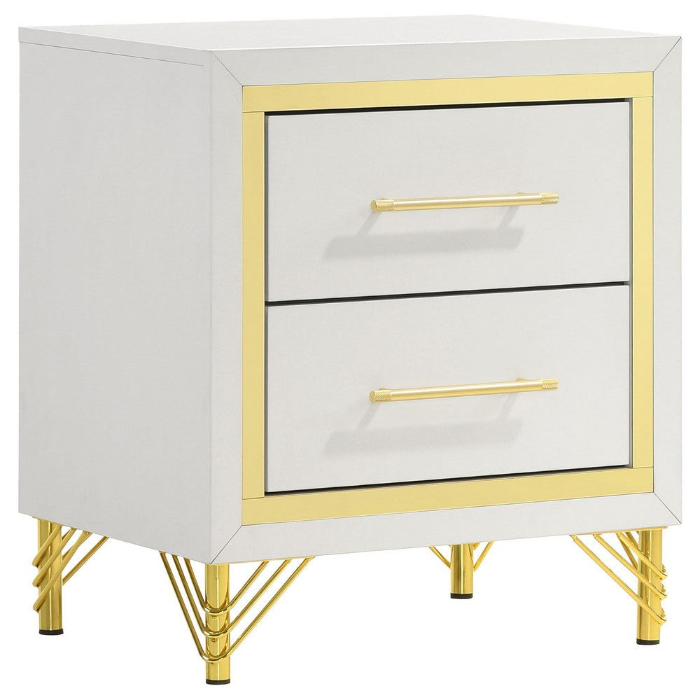 Jenny Nightstand, 2 Drawers, Hairpin Style Legs in Gold, Bar Handles, White By Casagear Home