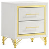 Jenny Nightstand, 2 Drawers, Hairpin Style Legs in Gold, Bar Handles, White By Casagear Home