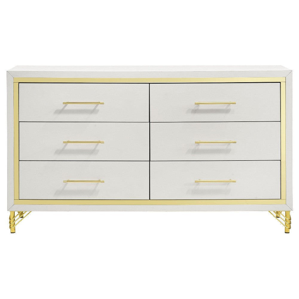 Jenny Dresser 6 Drawers Hairpin Style Legs in Gold Bar Handles White By Casagear Home BM318897
