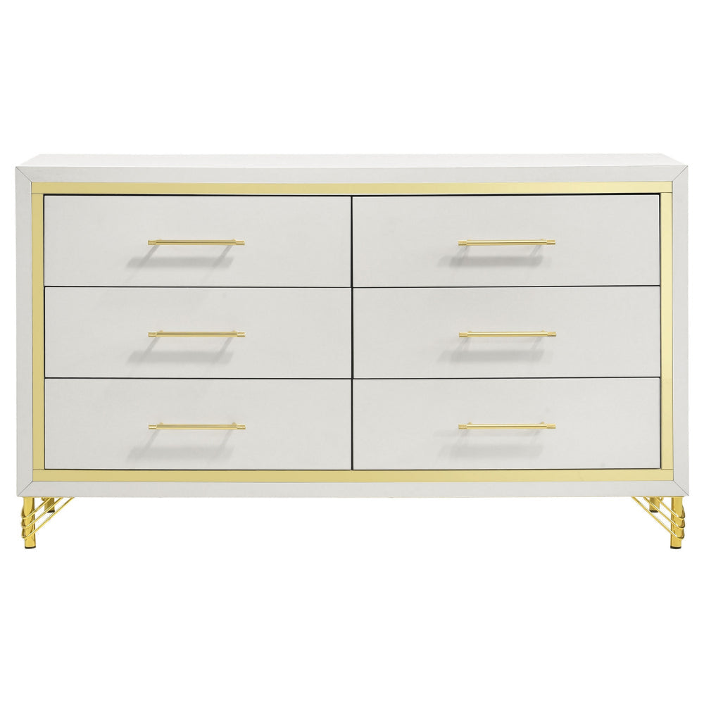 Jenny Dresser 6 Drawers Hairpin Style Legs in Gold Bar Handles White By Casagear Home BM318897