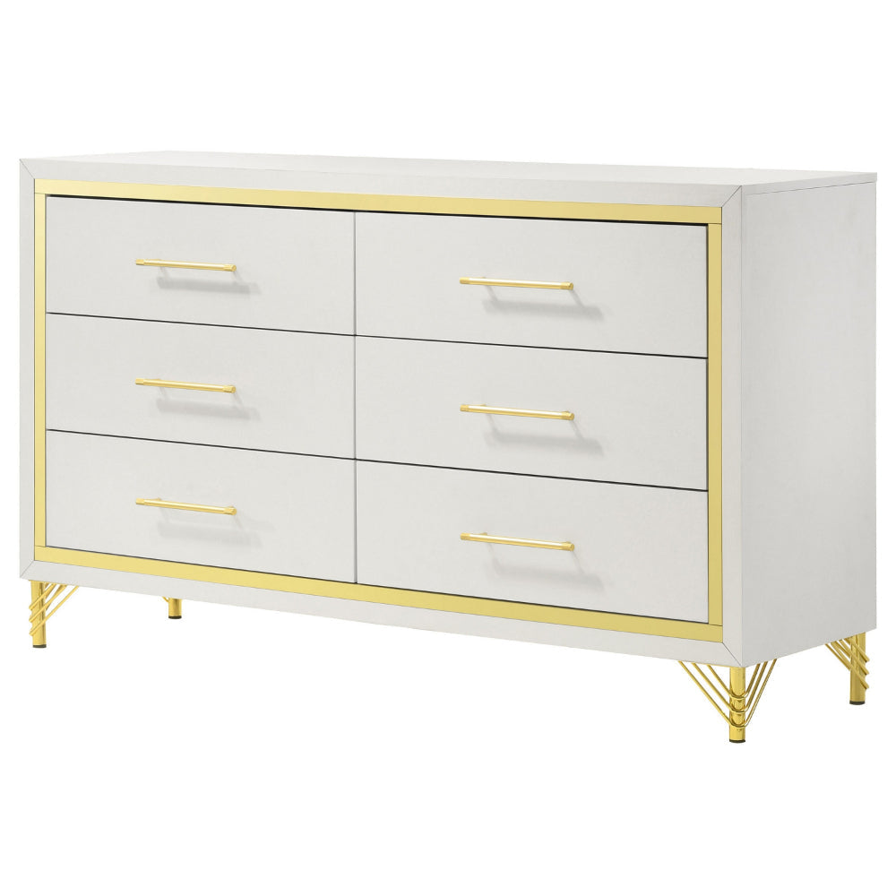 Jenny Dresser 6 Drawers Hairpin Style Legs in Gold Bar Handles White By Casagear Home BM318897