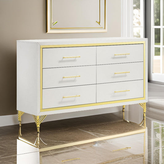 Jenny Dresser, 6 Drawers, Hairpin Style Legs in Gold, Bar Handles, White By Casagear Home
