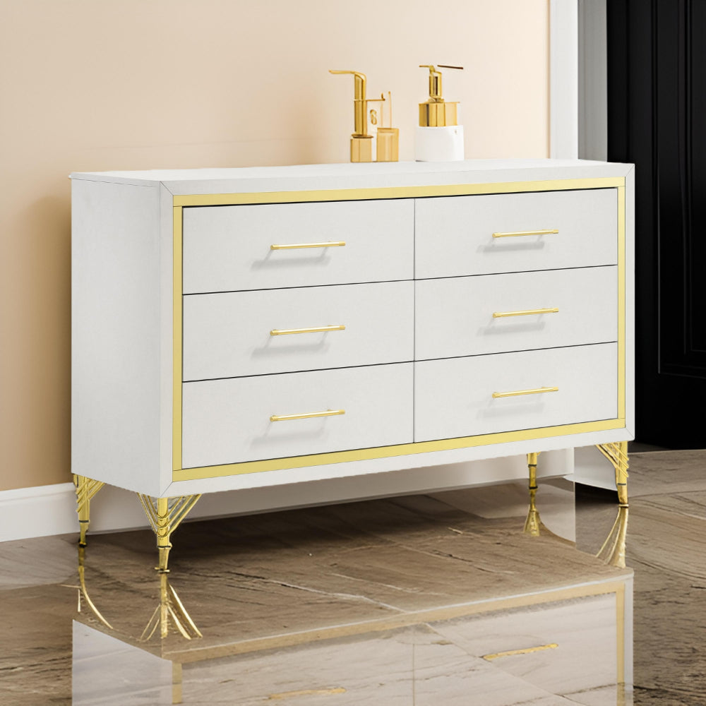 Jenny Dresser 6 Drawers Hairpin Style Legs in Gold Bar Handles White By Casagear Home BM318897