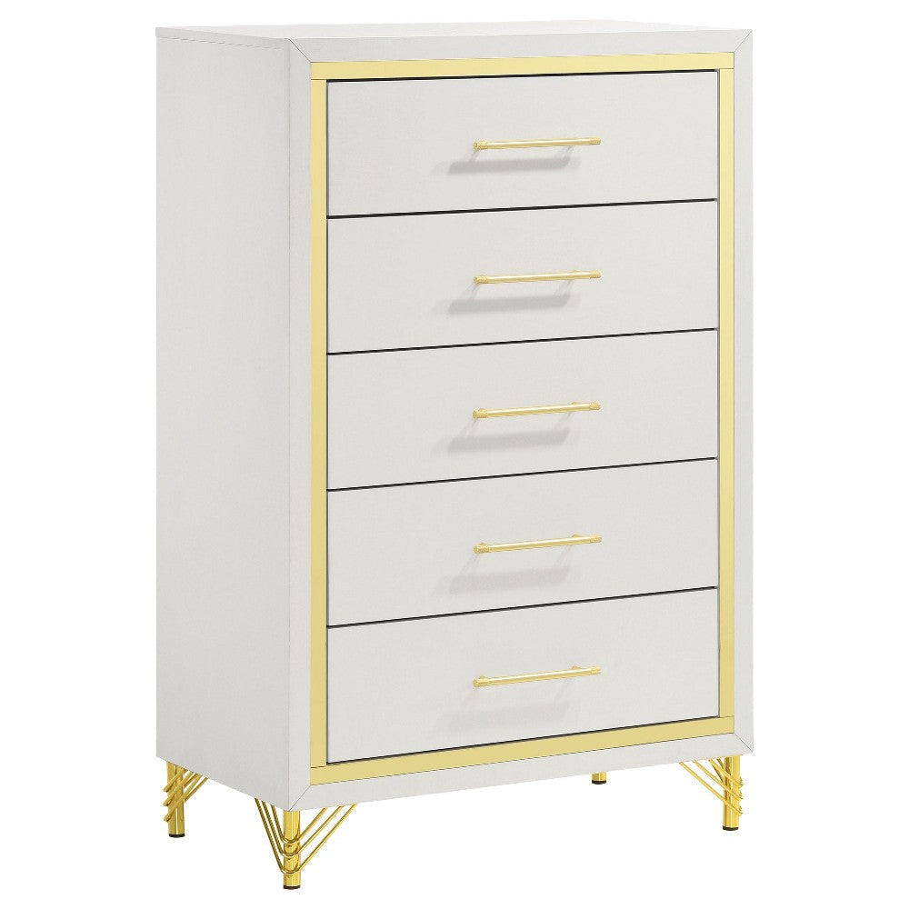 Jenny Tall Dresser Chest 5 Drawers Hairpin Legs Bar Handles White Gold By Casagear Home BM318898