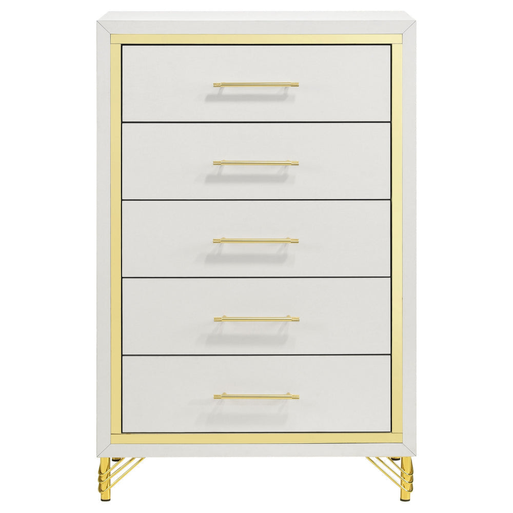 Jenny Tall Dresser Chest 5 Drawers Hairpin Legs Bar Handles White Gold By Casagear Home BM318898